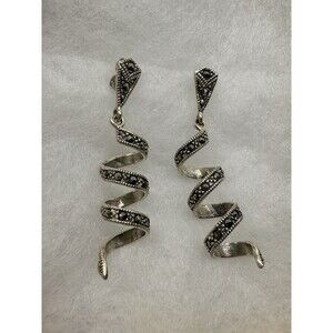 Sterling Silver Marcasite Twirl Drops Earrings Signed MD 925 Vintage Rare